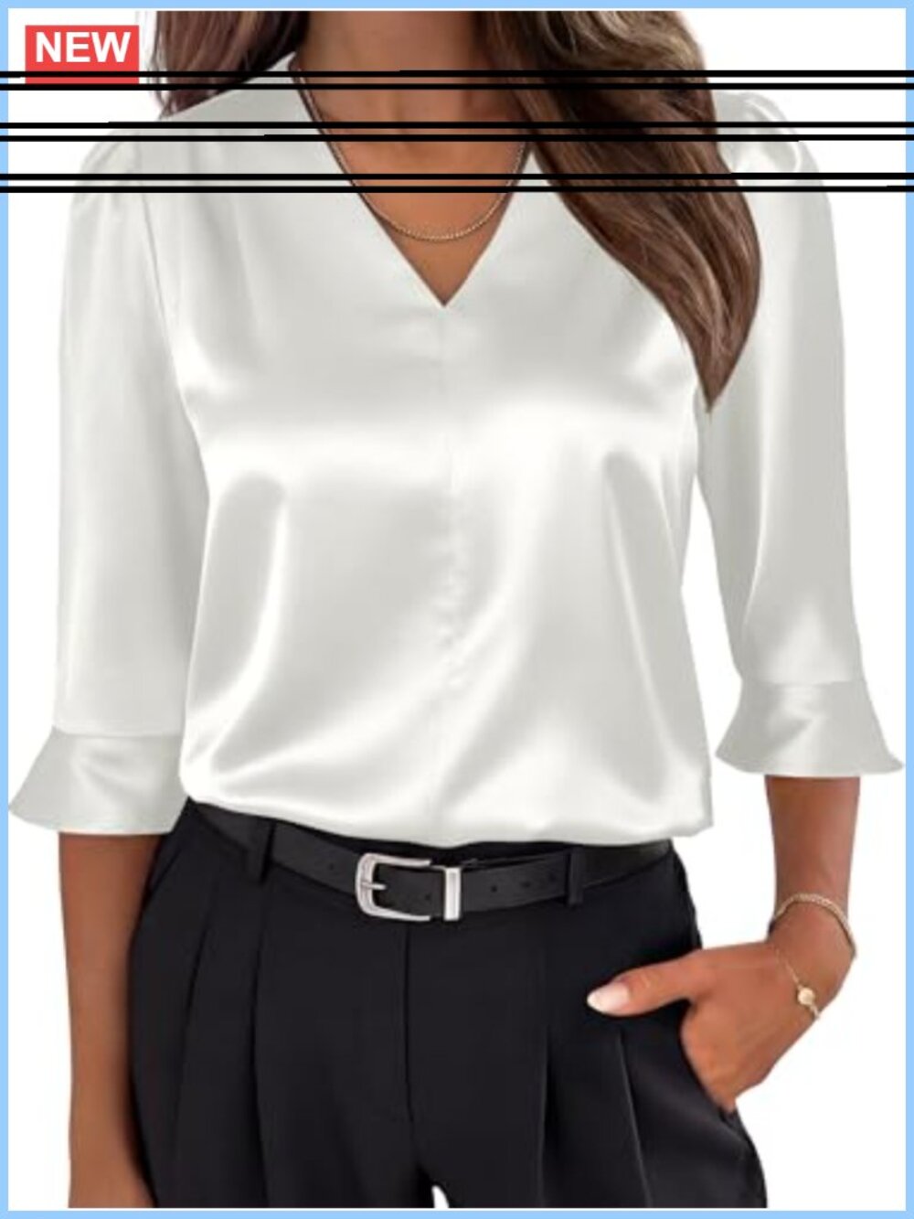 Ruffle Sleeve Satin Blouse Pleated V Neck Dressy Casual Office Top